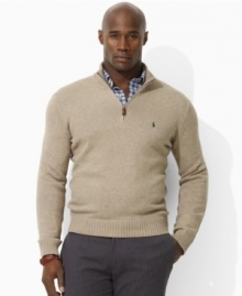 Tailored for a comfortable classic fit in luxuriously soft, cashmere-like cotton, a long-sleeved mockneck pullover sweater exudes polished style. (Clearance)