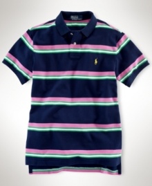 Designed for a comfortable, classic fit from breathable cotton mesh, a handsome short-sleeved polo shirt is finished with a preppy striped pattern.