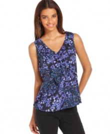 This petite top from DKNY Jeans feature a mixture of pretty florals and ruffles, creating an ultra-feminine look.