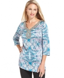 A beaded neckline adds sparkle and shine to this petite Charter Club printed tunic -- pair it with your favorite slim-cut pants!