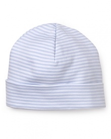 Cozy and cute, the striped cap from Kissy Kissy is rendered in narrow stripes with a cuffed rim and ric rac trim.