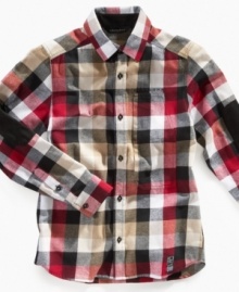 Crisp, cool look. This plaid shirt from Sean John pairs well with a fresh pair of chinos or denim.