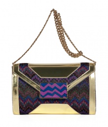 Channel the sophisticated side of the seventies with this zigzag printed statement clutch from Missoni - Classic envelope shape, front flap with decorative snap closure, knit body with metallic leather trim, chain-detailed shoulder strap, small inside zip pocket - Style with a flirty cocktail frock and heels or a boho-inspired mini-dress and booties