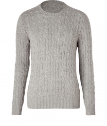 A luxury essential in a cool shade of heather grey, Ralph Laurens super soft cable knit cashmere pullover counts as a multi-season must - Round neckline, long sleeves, ribbed trim - Contemporary slim fit - Wear over shirts or tees with jeans, cords or chinos