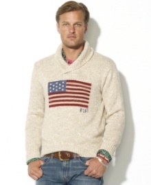 Constructed from soft cotton, this handsome shawl-collar sweater salutes the flag in style.