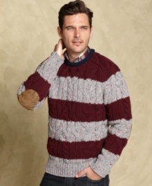 Professorial polish looks good this fall with this striped sweater with faux suede elbow patches from Tommy Hilfiger.