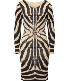 Savage-inspired style goes ultra-luxe with this zebra print draped dress from Roberto Cavalli - Round neck, long sleeves, sculptural tailored pleating at front and back waist with brass-tone charm, fitted silhouette, concealed side zip closure - Style with a slim trench, sky-high platforms, and a studded clutch