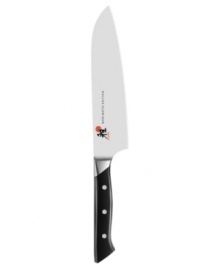 Superior sharpness and excellent edge retention deliver incredible precision in the kitchen.  This hand-honed Japanese blade is ice-hardened and effortlessly maneuvered by the western-styled ergonomic grip for optimal comfort. Lifetime warranty.