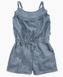 Romp around! She'll be comfortable, cute and ready for fun in this chambray romper from DKNY.