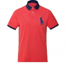 A modern update of the classic polo shirt, this stylish iteration will be a go-to casual basic - Contrasting spread collar and cuffs, front button half placket, large logo detail, asymmetrical hem, side vent - Style with chinos, boat shoes, and a cashmere cardigan