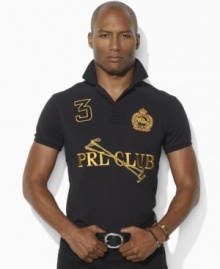 A sleek, custom-fitting polo celebrating the St. Moritz Polo World Cup on Snow receives an authentic feel with a metallic PRL CLUB logo and a snow polo crest.