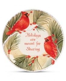 A cookie platter that's extra sweet, this Fitz and Floyd serveware is embossed with cardinals and holly and teaches a lesson, too: holidays are meant for sharing.