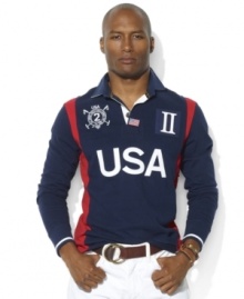 Bask in the glory of the USA's 2012 Olympic Games success with a soft cotton rugby shirt featuring multiple patriotic USA-themed logos and patches.