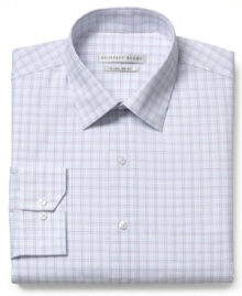 On the square: Geoffrey Beene does the perfect wear-to-work dress shirt-note the slightly spread collar to show off your tie knot-updated in a cheerful, checked cotton blend.