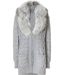 Make a stunning statement at your neckline with Michael Kors ultra luxurious fur trimmed cardigan - Removable fur collar, long sleeves, contrast ribbed trim, front pockets, long and open silhouette, slim straight fit - Pair with leather leggings and sleek ankle boots