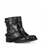 Add instant trend-right edge to your casual ensembles with these luxe leather boots from celeb favorite shoe line Fiorentini & Baker - Slightly upturned rounded toe, chunky leather heel, dual ankle straps, biker-inspired styling, side zip closure - Runs large, so order a size down - Style with jeans, slim trousers, or corduroys