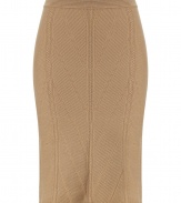 An elegant, allover knit pattern lends this caramel wool Alberta Ferretti skirt its ladylike-with-a-twist chic - Pull-on style, with flattering decorative seam detail - Sophisticated and feminine, easily transitions from the office to cocktails or dinner - Medium-rise, curve-hugging pencil cut - Pair with a blazer and blouse, a leather jacket and silk top or a cashmere pullover