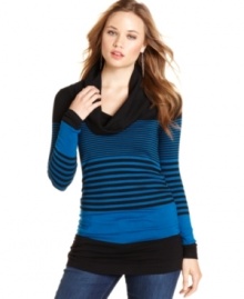 Go long! It's Our Time's striped sweater tunic features a cowl neck for classic style and the perfect length for wearing with leggings.