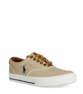 Stylish canvas sneakers in fine, khaki-colored cotton and leather - Designed by Polo Ralph Lauren in classic American prep style - Stylish leather lacing, thick white sole and iconic polo player logo - Wonderfully comfortable and easily slipped on and off - Perfect shoe for any casual outfit of jeans, chinos or shorts