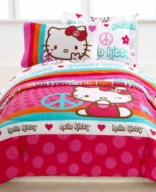 Give peace a chance with the Peace Kitty comforter set. This inspiring bedding features the cute-as-ever Hello Kitty and stylish, psychedelic graphics that deliver a message of peace and love. Flip the pink comforter over for a new look featuring groovy 60's lettering.