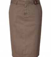 Classic khakis just got stylish with this flattering pencil skirt - Casual chino look in olive-colored cotton - Features fly, side slit pockets, back pockets with buttons, back vent and belt with side buckle - Knee length - Perfect for the office when dressed up with a blouse or cashmere top