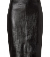 An essential luxe accent for your tailored separates wardrobe, DKNYs lambskin skirt cuts a feminine figure with an understated rocker-chic edge - Front and back seams, hidden back zip, fitted - Pair with oversized chunky knits and pumps