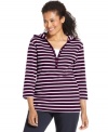 Set your sights on Karen Scott's layered-look petite top. It features seaside stripes and a hood for nautical-inspired style!