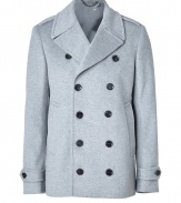 Classically sophisticated, this urbane take on the forever favorite pea coat is elevated in luxe cashmere-wool - Wide notched lapel, long sleeves, belted cuffs, double-breasted button-down front - Classic straight fit - Offset soft coloring with bright cashmere knits and dark-wash denim