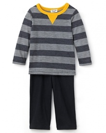 Stripes and pops of colored accent this handsome striped tee and cargo pant set.