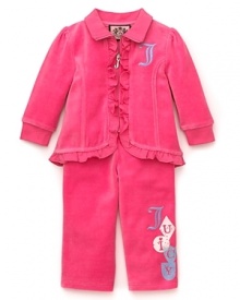 Add a vibrant pop of pink to playtime with a ruffle velour tracksuit from Juicy. Subtle puckered sleeves and logo details add a stylish accent.