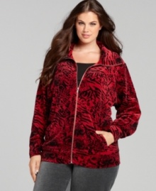 A mixed print spices up Style&co. Sport's plus size velour jacket-- lounge in luxury this season! (Clearance)