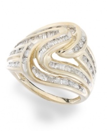 Add some shine with a captivating cocktail ring. Yell'Ora's swirling style combines round and baguette-cut diamonds (1 ct. t.w.) in a channel setting. Base metal made from a combination of pure gold, sterling silver and palladium.