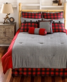 Evoking a distinctly rustic feel, solid gray and red meld with a traditional black and red plaid pattern in this Larson comforter set. Faux leather accents, cord trim and tufted embellishments give this classic and simple look a modern edge.