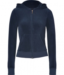 Inject effortless cool into your casual attire with this navy velour hoodie from Juicy Couture - Hooded, front zip closure, long sleeves, split kangaroo pocket - Slim fit - Pair with matching pants, favorite jeans, or mini-skirts