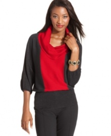 Metallic and colorblocking together create a unique mix on Style&co.'s petite cowlneck sweater. Balance out the blouson fit with skinny pants or a structured skirt.