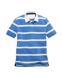 A short-sleeved rugby is rendered in breathable cotton mesh with a preppy stripe.