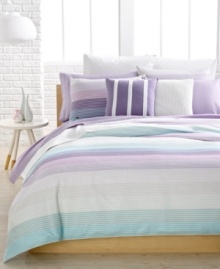 A landscape of multi-color pastel hues take center stage on this Lacoste Grenelle comforter set. Pinstripe patterns add extra dimension to complete the preppy presentation.