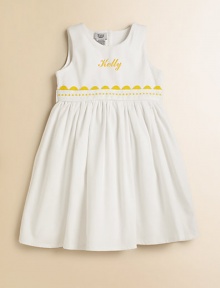 A classic look for adorable girls everywhere, shaped from soft cotton piqué with a ribbon waist and yellow rick-rack trim. Back button closure Gathered empire waist Cotton Machine wash Made in USA FOR PERSONALIZATION Select a quantity, then scroll down and click on PERSONALIZE & ADD TO BAG to choose and preview your personalization options. Please allow 2 weeks for delivery.