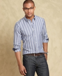 Upgrade your fall casual wardrobe with this slim-fit striped shirt from Tommy Hilfiger.