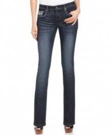 Earl Jeans' petite skinnies flatter with a dark blue wash. Rhinestones and embroidery add a glam touch!