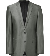 Elegant jacket in fine, grey wool and cotton blend - Fabric has a subtle sheen - Single-breasted style with two-button closure and deep, narrow-cut lapels - Chest pocket and flap pockets at sides - Straight, slightly longer cut through the torso - Polished and classically cool, seamlessly transitions from day to evening - Pair with a button down and slim trousers or chinos