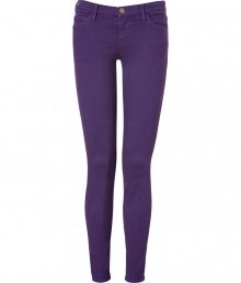 Channel of-the-moment style in these bold-hued skinny jeans from cult denim line Current Elliott - Classic five-pocket styling, skinny leg, ankle-length, bold purple color - Pair with an asymmetric hem top, a denim jacket, and platform heels