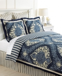 Complement the inviting style of your Indigo Damask bed with coordinating decorative pillows, also from Martha Stewart Collection. The square pillow features a blue pattern finished with a piped edge, and the white breakfast pillow boasts a tone-on-tone design at center with a twill tape edge.