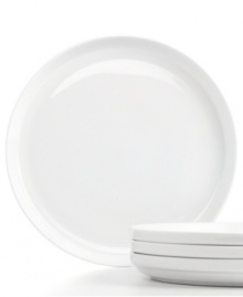 Keep the table and kitchen clean with Stakks dinnerware. The dishes from Tabletops Unlimited include these white porcelain dinner plates for everyday use, in a shape designed for efficient stacking and storage. Ideal for apartment living!