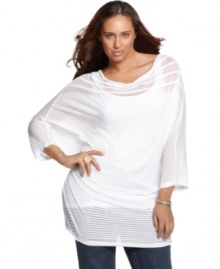 Show off your stripes with Seven7 Jeans' three-quarter sleeve plus size top, finished by a draped neckline.