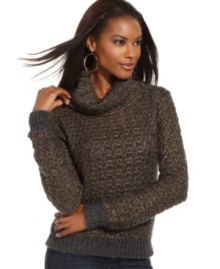 Allover metallic details add high-shine to this RACHEL Rachel Roy turtleneck sweater for hot cold-weather style!