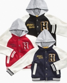 Go varsity! Get your little letterman playing on the right team with a varsity jacket from Tommy Hilfiger that features an attached hood and a full complement of collegiate detailing.