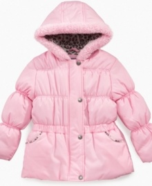 Accented by leopard-print fleece, this cuddly warm puffer coat from Pink Platinum is perfect for your little one.