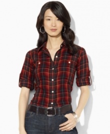 Rendered in soft cotton flannel, Lauren Ralph Lauren's classic shirt is finished with a heritage plaid pattern and optional rolled cuffs for versatile style.