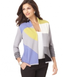 Alfani's petite cardigan features a colorful pattern and a contemporary collarless silhouette. Wear with your favorite tank and a pair of slim pants for an effortless look.